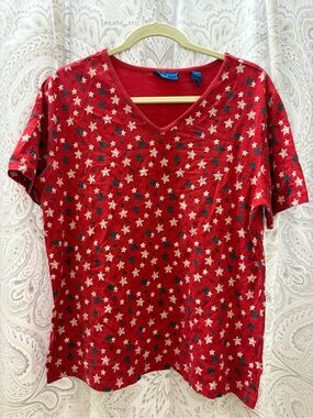 Karen Scott Sport V-Neck Short Sleeve Shirt Red with Stars Size Large